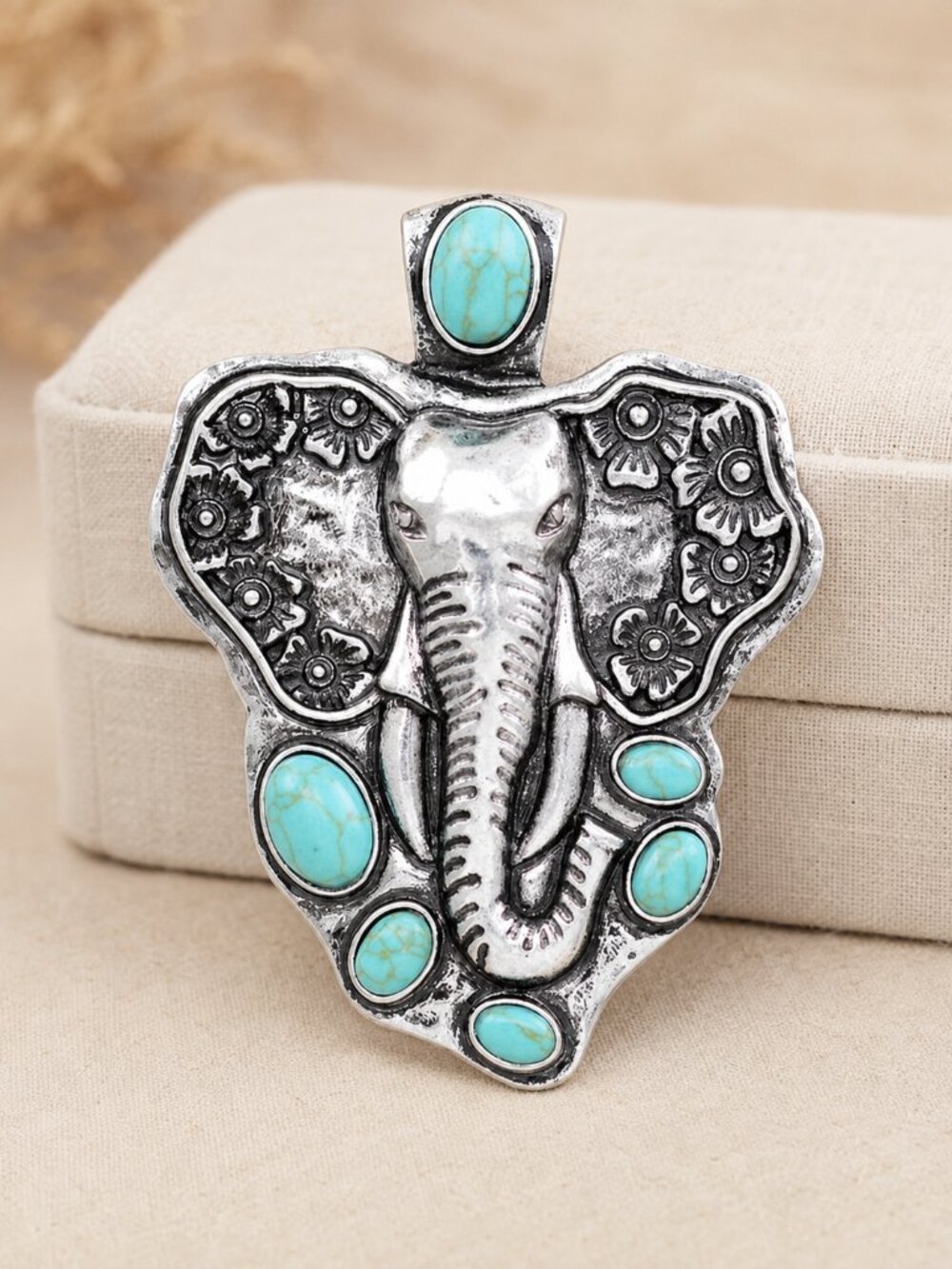 Silver Elephant Pendant Turquoise Stone Western Cowgirl Boho